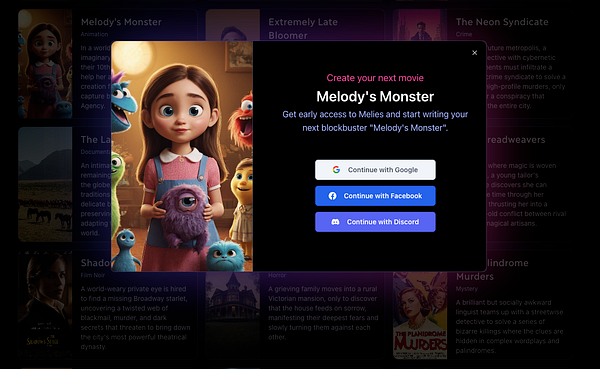 The image features a promotional interface for a movie project titled 'Melody's Monster' with a character illustration and signup options.