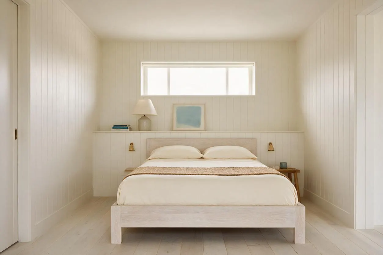 A serene coastal guest bedroom with white vertical panel walls, a pale wood bed centered beneath a narrow horizontal window, and soft cream bedding. A small lamp, books, and a framed blue artwork rest on the ledge behind the bed, while warm wood accents and light flooring keep the room airy and minimal.