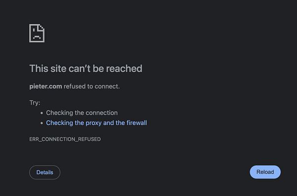 The image displays an error message indicating that the website pieter.com cannot be reached.