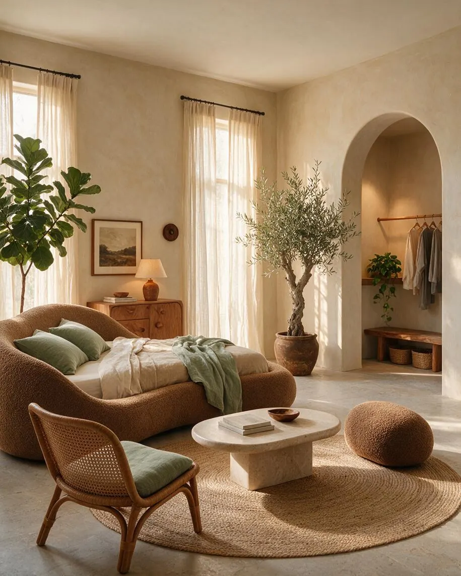 A serene guest bedroom with a rounded brown upholstered bed, sage green bedding, and a woven chair around a textured jute rug. Soft sheer curtains filter sunlight through tall windows, while potted olive trees, natural wood furniture, and a plaster arched niche create a warm biophilic feel.