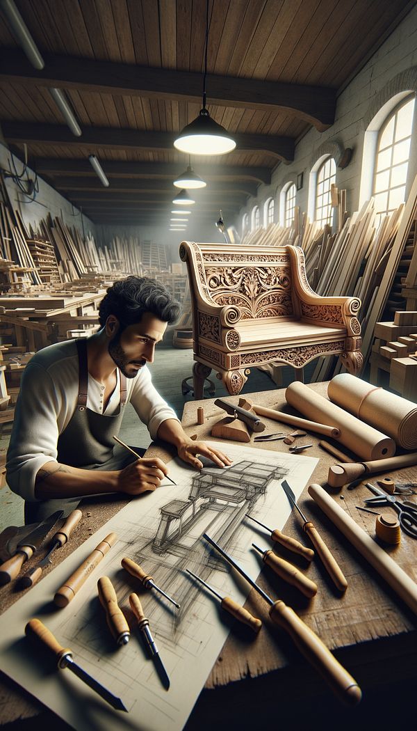 An artisan working on a custom piece of furniture in a workshop, surrounded by tools and sketches of the design on a worktable.