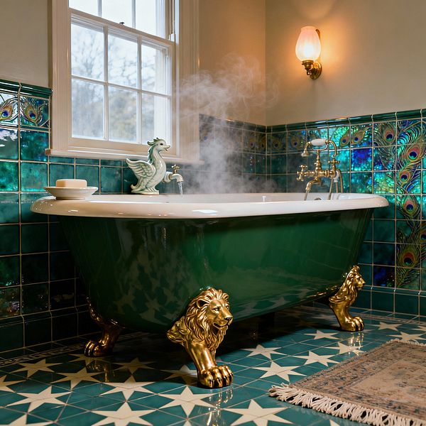 A Victorian-style bathroom features a deep emerald, white-rimmed clawfoot bathtub with sculpted gold lion feet and brass taps, backed by glossy peacock-feather motif tiles and teal square wall tiles. A star-patterned green floor, warm cream upper walls, a frosted glass brass sconce, a white-paned window, a small fringed rug, a soap dish, and a pale green dragon figurine on the tub rim complete the scene as steam rises from the bath.