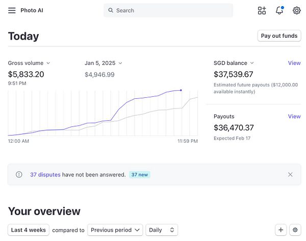 The image displays a financial dashboard for a service called Photo AI, showing today's gross volume and account balances.
