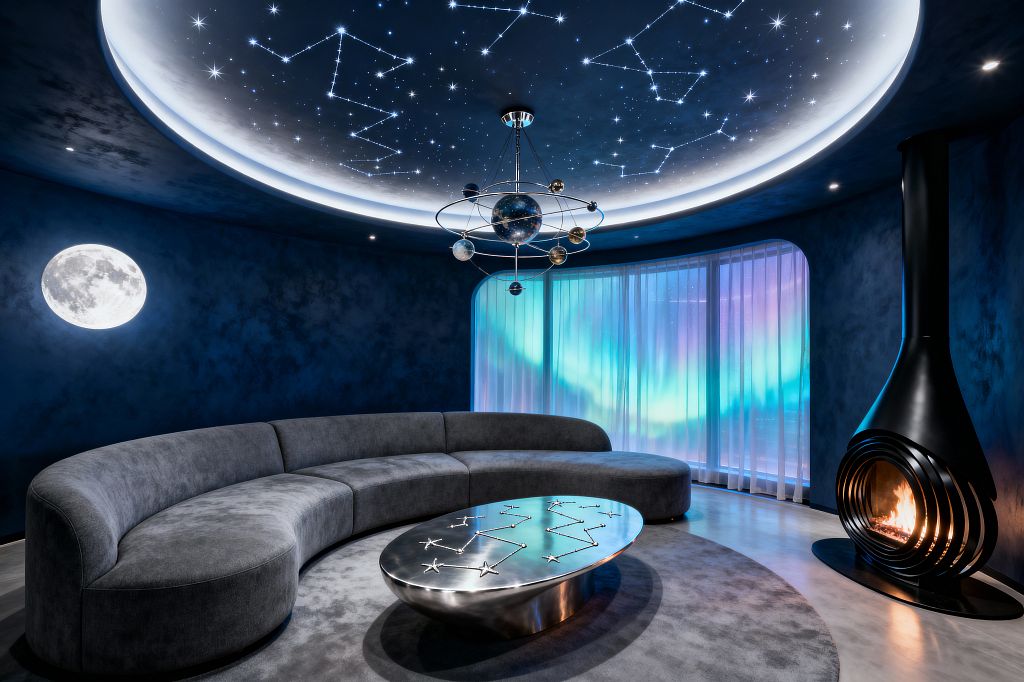 A curved gray sectional wraps around a polished oval coffee table engraved with constellation lines in a deep blue living room. Above, a recessed ceiling dotted with star lights and a chrome solar-system chandelier set the mood, while aurora-like color glows through sheer curtains; at right a matte-black suspended fireplace burns, a large moon light adorns the wall, and a round gray rug anchors the seating.
