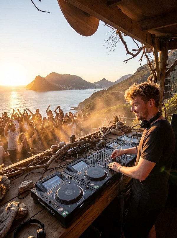 A DJ performs at an outdoor venue during sunset, with an enthusiastic crowd in the background.