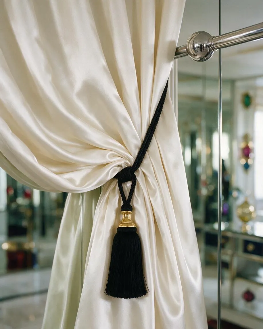 A close-up of a cream satin curtain pulled back with a black rope tieback finished with a gold tassel. A polished chrome curtain rod and mirrored background reflect a luxurious, decorative interior.