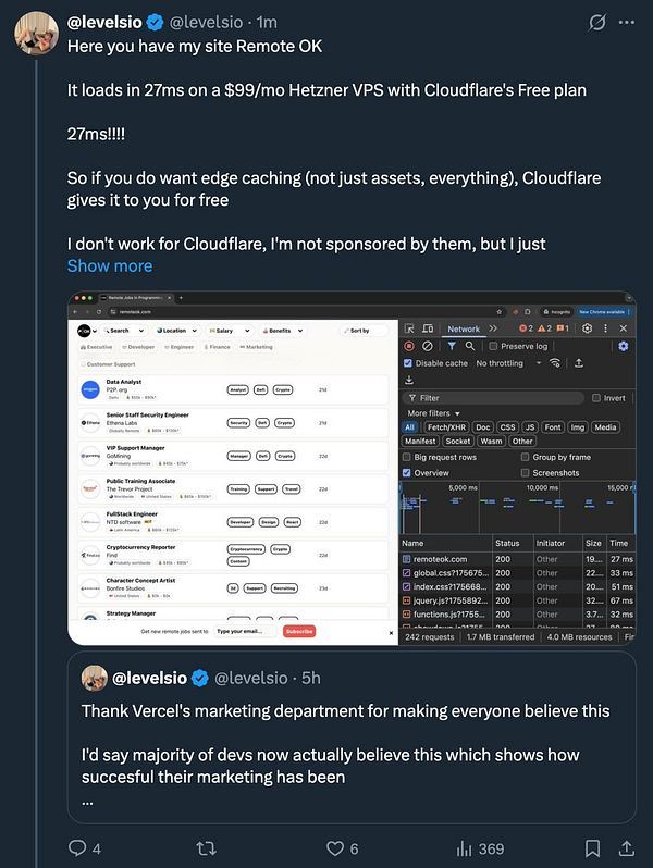 The image displays a tweet discussing the performance of the Remote OK website, highlighting a 27ms page load time.