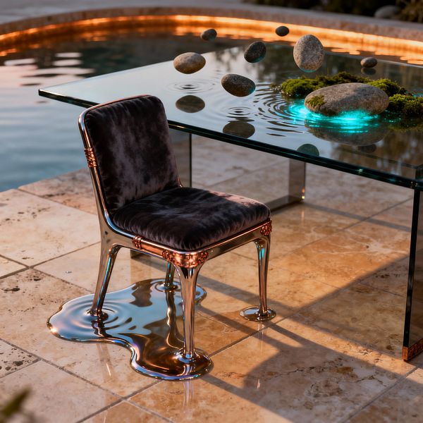A surreal poolside patio at dusk features a clear glass table whose surface mimics rippling water, with smooth river stones appearing to float above aqua light and clusters of moss. Next to it sits a chrome chair with dark charcoal velvet upholstery, its legs rendered as if melting into a liquid-metal puddle. The composition rests on beige travertine tiles beside a warmly lit pool edge, balancing cool cyan glow with amber highlights.