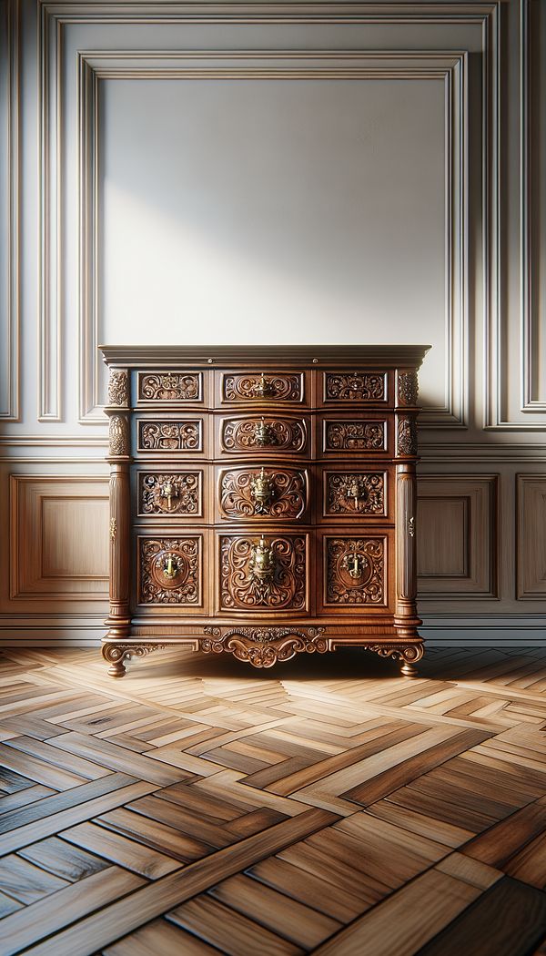 A beautifully crafted, antique wooden chest on chest with intricate carvings and brass hardware, set against a neutral-toned wall in a well-lit room.