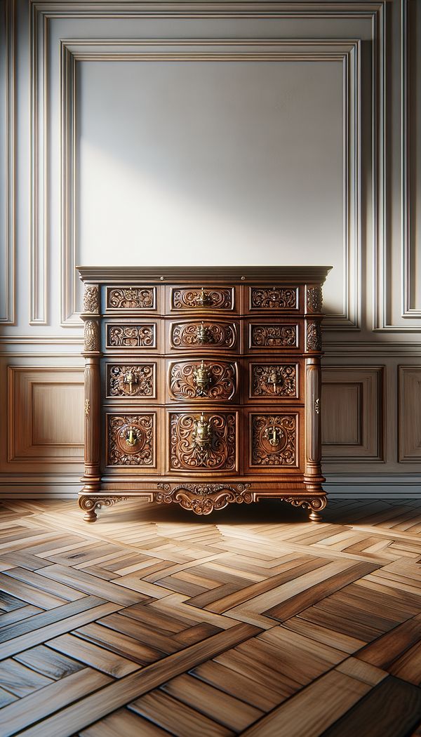 A beautifully crafted, antique wooden chest on chest with intricate carvings and brass hardware, set against a neutral-toned wall in a well-lit room.