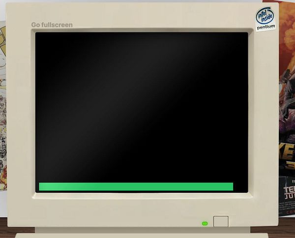 A vintage computer monitor displays a blank screen with a loading progress bar.