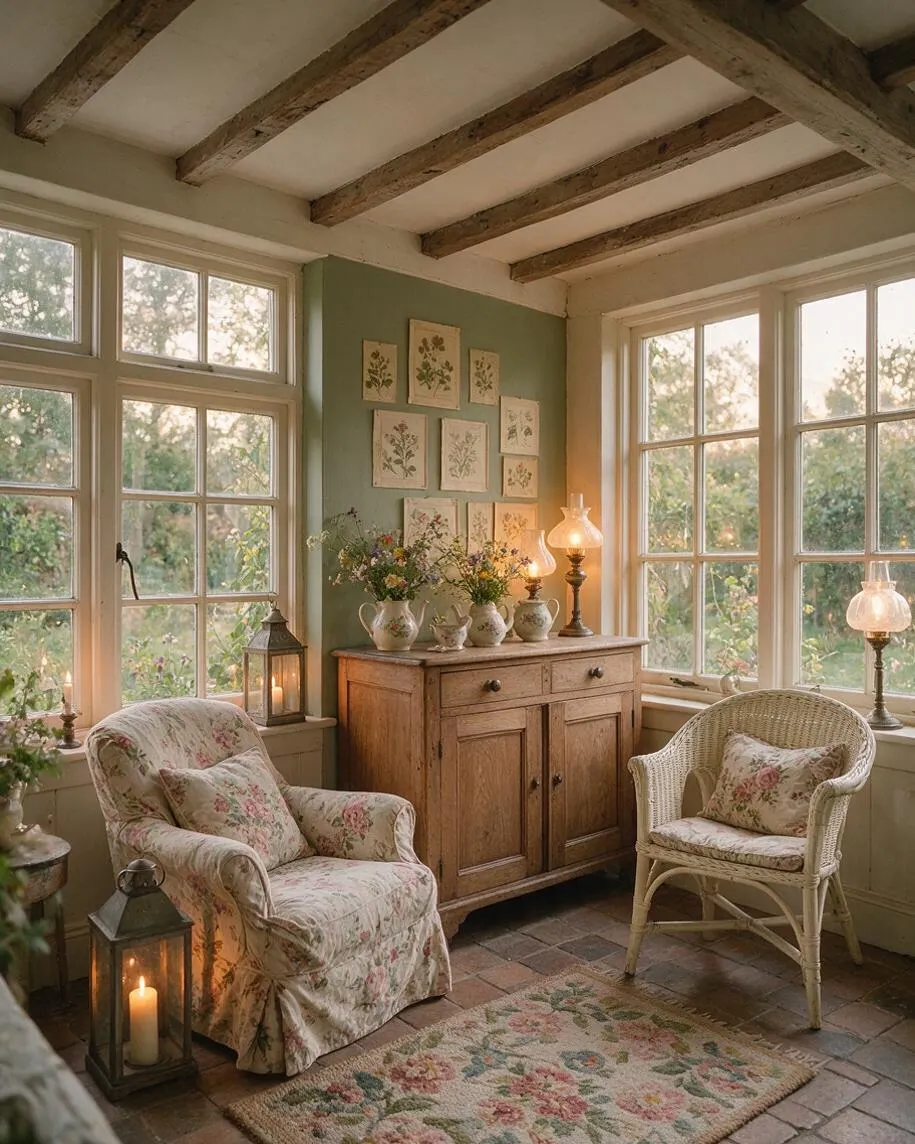 A cozy cottagecore sunroom with large multipane windows, exposed wooden ceiling beams, and soft daylight filtering in. The room features floral upholstered chairs, a weathered wood cabinet topped with vases of flowers, botanical wall art, lantern-style candles, and a muted floral rug over tiled flooring.