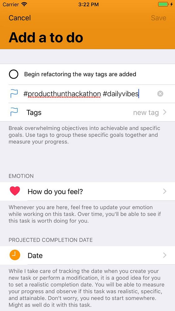 A mobile app interface for adding a to-do item with tags and emotion tracking features.