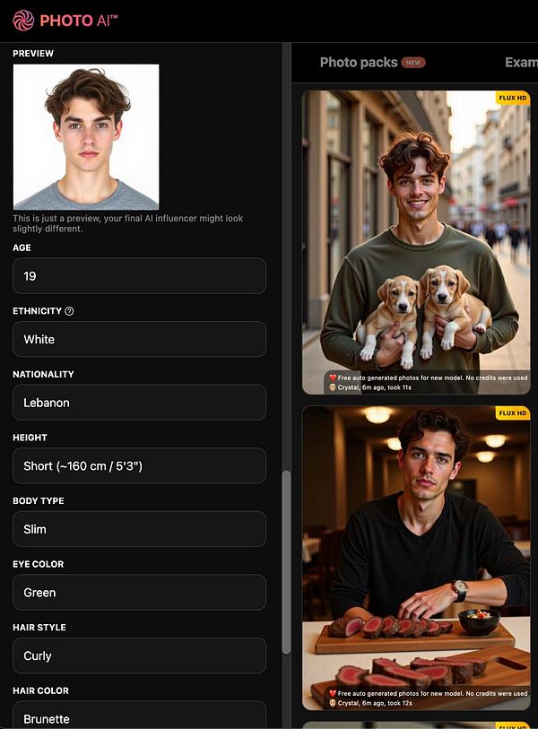 The image displays a user interface for an AI influencer generator, showcasing a preview of a male model and various attributes.