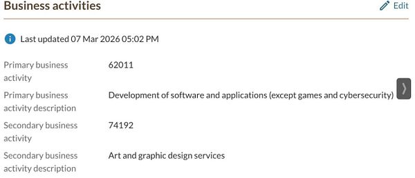 Table listing the Singapore Standard Industrial Classification (SSIC) Codes for business activities updated for 2026 onwards with corresponding class names.