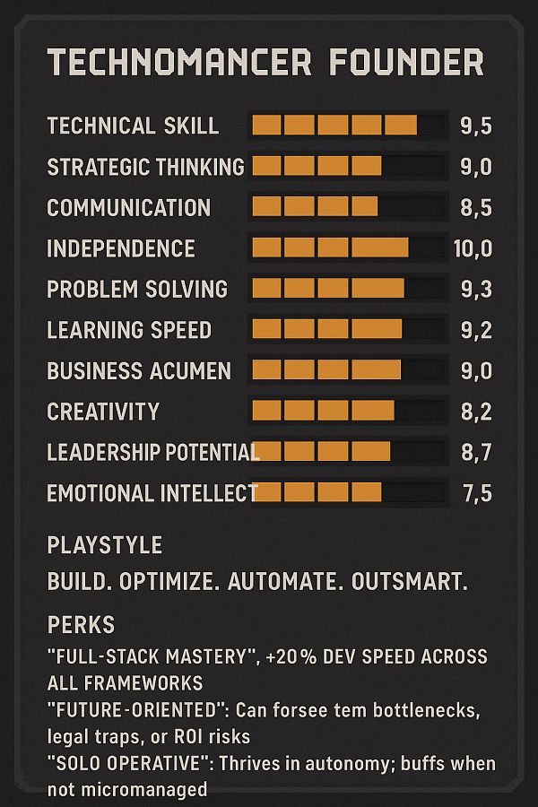 The image displays a detailed RPG character chart for a 'Technomancer Founder' with various skill ratings and perks.