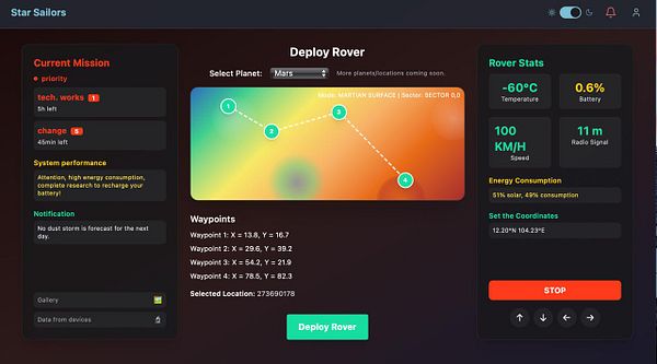 The image displays a user interface for deploying a rover on Mars, featuring mission details and rover statistics.