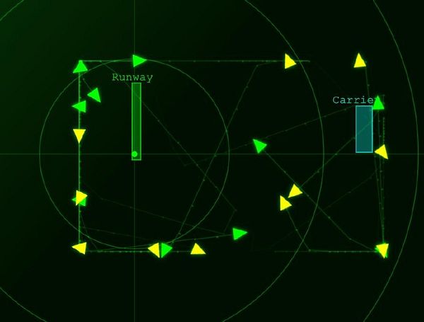 A simulation of AI-controlled planes flying over a grid field, turning around upon reaching the edge.