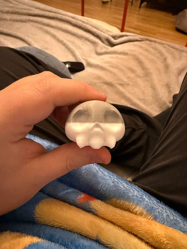 A partially printed skull model is being held in a person's hand.