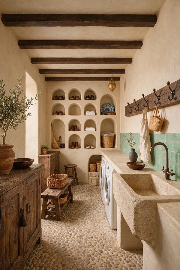 A narrow basement laundry room styled in Mediterranean design, featuring exposed dark wood ceiling beams, creamy plaster walls, pebble stone flooring, built-in arched niches, a stone sink, mint green tile backsplash, and rustic wood storage. Woven baskets, pottery, and hooks add a warm handcrafted feel.