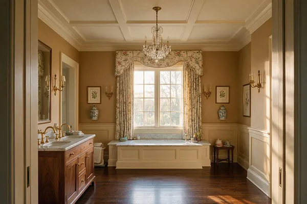 A traditional master bathroom with warm tan walls, white coffered ceiling, and a crystal chandelier centered above a large window. A wood vanity with a marble countertop sits on the left, while a built-in window seat or soaking tub surround is framed by floral drapes and a matching valance.