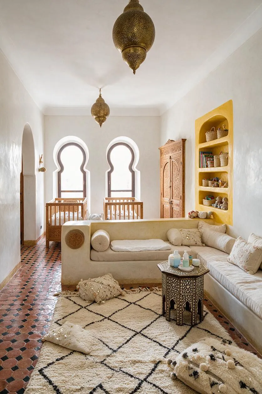 A Moroccan-style nursery with two carved wooden cribs beneath arched windows, a cream sectional sofa, and a geometric ivory rug. The room features brass hanging lanterns, a carved wooden wardrobe, built-in yellow wall shelves, and terracotta patterned tile flooring.