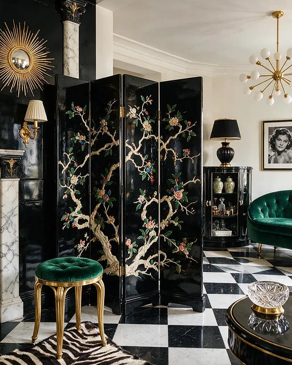 A glamorous Hollywood Regency living room featuring a black lacquer folding screen painted with flowering tree branches in the center. The room includes emerald velvet seating, gold accents, a black-and-white checkered floor, crystal and brass lighting, and a sunburst mirror for a dramatic, luxe feel.