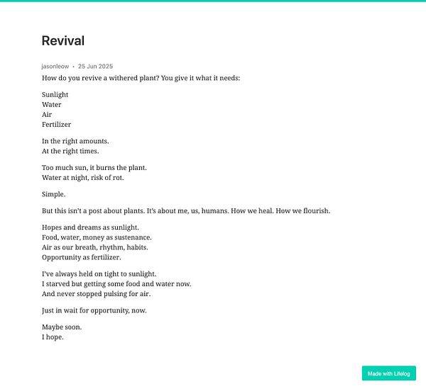 A reflective piece discussing the revival of both plants and humans, emphasizing the importance of essential elements for growth.