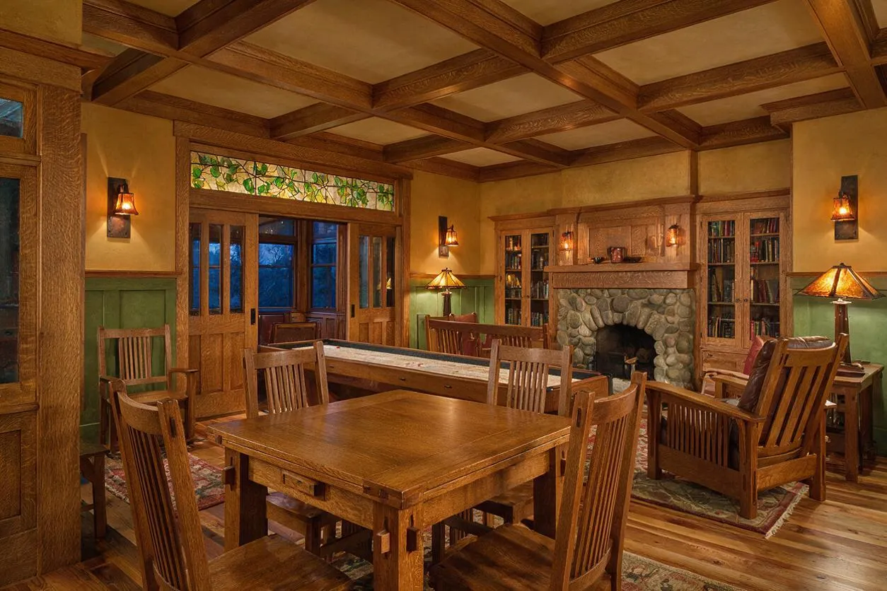 A warm Craftsman-style game room with a coffered wood ceiling, built-in wood cabinetry, and a large stone fireplace centered on the back wall. The room includes a wooden game table, slatted wood chairs, a shuffleboard table, and amber wall sconces, with green wainscoting and stained-glass transom windows adding detail.