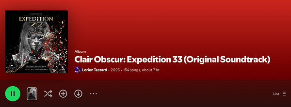 The image displays the Spotify interface showcasing the album 'Clair Obscur: Expedition 33 (Original Soundtrack)'.