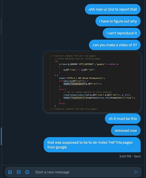 The image displays a conversation about fixing a redirect bug in a code snippet related to de-indexing pages from Google.