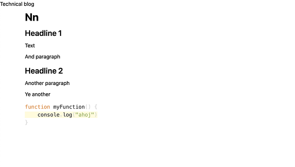 The image displays a draft layout for a technical blog post with headings and a code snippet.