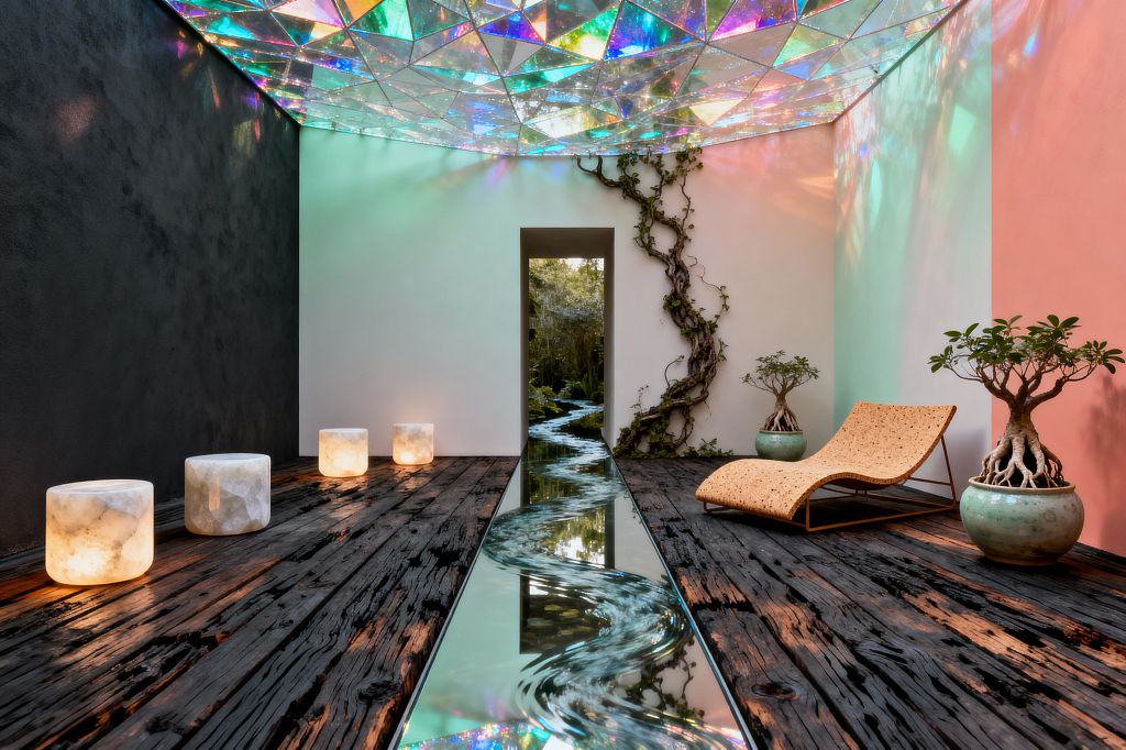 A surreal patio features a faceted, iridescent glass ceiling casting rainbow light over charred wood decking and a mirror-like water rill that snakes toward a doorway framing lush greenery. A black plaster wall contrasts with white and blush-coral panels; alabaster cube lights line one side, a cork chaise sits opposite, and bonsai-style trees in celadon ceramic pots and a climbing vine soften the space.