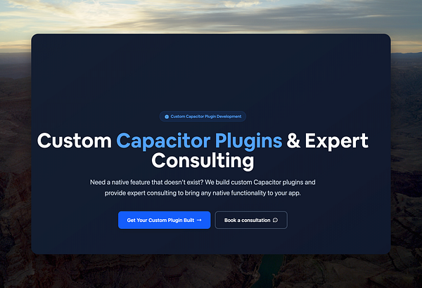 The image features a promotional webpage for custom Capacitor plugins and consulting services.