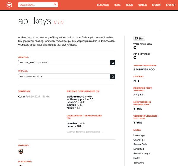 The image displays a RubyGems page for the gem 'api_keys' version 0.1.0.