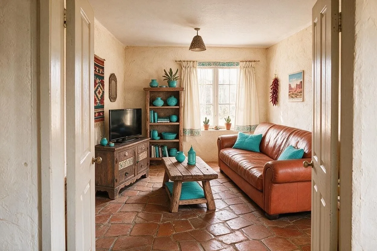 The same Southwestern living room in the Canyon palette: adobe, rust, mesquite, turquoise, and cream