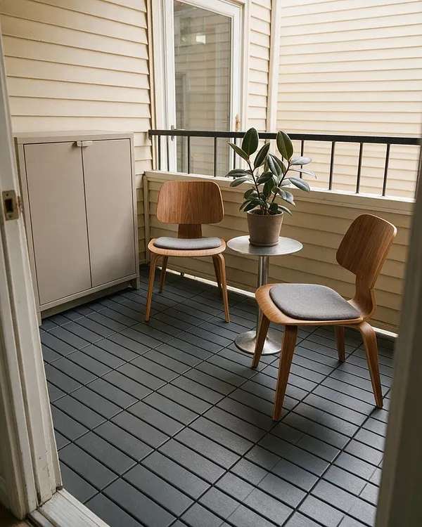A small modern front porch with dark gray tiled flooring, cream horizontal siding, and a black metal railing. Two molded wood chairs with light gray cushions sit beside a round metal table holding a potted plant, while a slim storage cabinet adds a clean, functional look.
