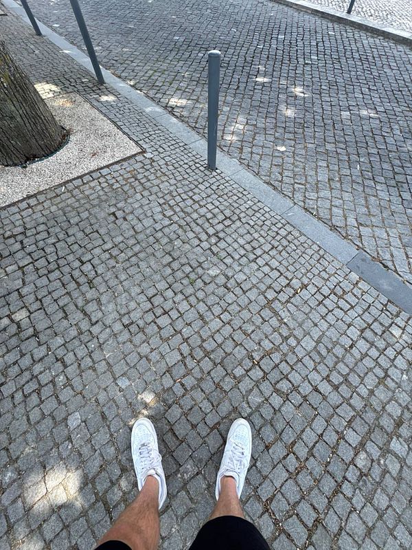 A person's feet are positioned on a cobblestone path with a tree nearby.