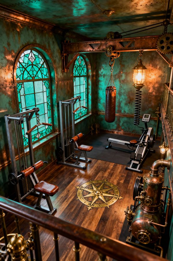 A steampunk-style home gym with verdigris riveted metal wall panels and arched green stained-glass windows. Warm wood plank floors feature a brass compass inlay. Brushed-steel cable machines and a rowing machine sit near a leather punching bag hung from an overhead gear-and-pulley beam. An amber cage pendant, brass railings, and a boiler-like apparatus with pipes and gauges create a moody Victorian industrial atmosphere.