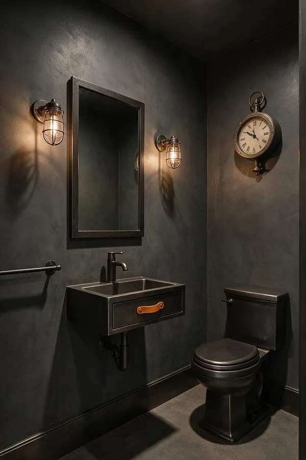 A compact powder room in dark industrial style with matte black walls, a rectangular wall mirror, caged sconces, a wall-mounted black sink, and a matching black toilet. A vintage-style wall clock and warm amber lighting add character.