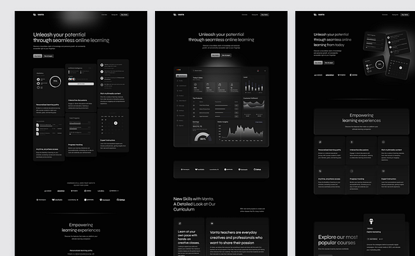 The image displays a sleek, dark-themed web interface for an online learning platform called Vanta.