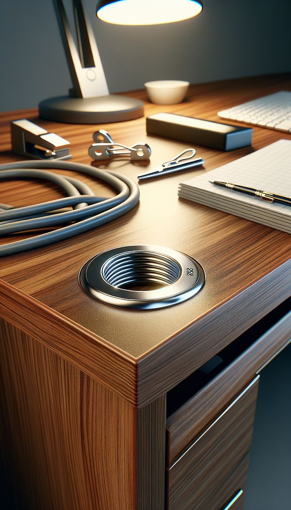 an office desk with neatly organized cables passing through a metal grommet