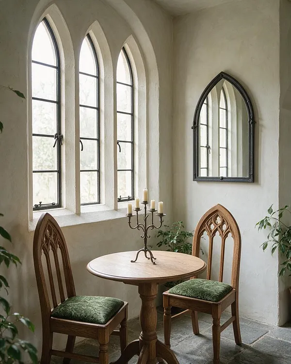 A small Gothic-style sunroom with three tall pointed-arch windows on the left, a dark-framed pointed mirror on the right, and a round wooden table in the center. Two carved wooden chairs with green patterned cushions sit on stone flooring, with a metal candle holder and leafy plants adding a quiet, old-world atmosphere.