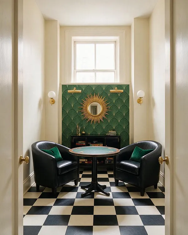 A narrow Art Deco-inspired game room with black-and-cream checkered flooring, two black leather club chairs, and a small round game table. The back wall features deep green fan-pattern wallpaper, a gold sunburst mirror, and brass sconces under a bright window.