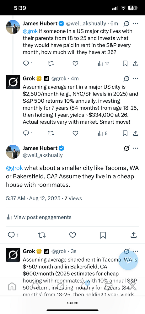 A Twitter conversation discussing investment strategies related to rent and the S&P 500.