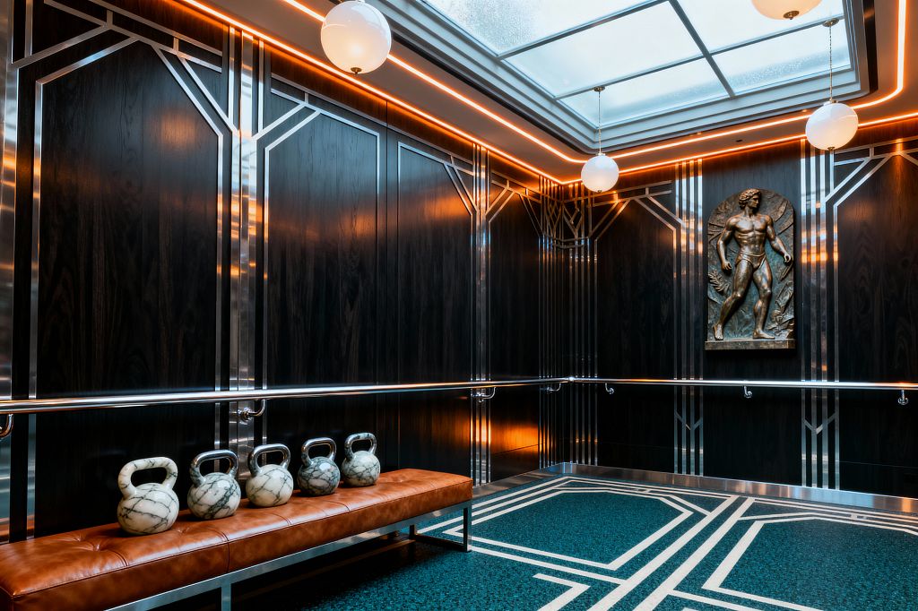 An Art Deco home gym features dark wood wall panels with polished chrome geometric inlays and continuous metal handrails. A teal terrazzo floor with crisp white borders grounds a long cognac leather bench topped with marble kettlebells. A bronze bas-relief of an athlete decorates the wall, while opal globe pendants and a large frosted skylight illuminate the space; warm perimeter LEDs add an amber glow.