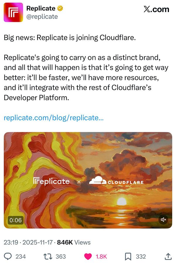 The image features a promotional announcement about Replicate joining Cloudflare, accompanied by a vibrant visual.