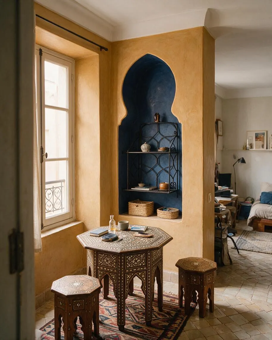 A cozy studio apartment corner styled in Moroccan design, featuring ochre plaster walls, a deep blue arched niche with metal shelving, and a carved octagonal table surrounded by matching stools. A tall window brings in soft daylight, while patterned rugs, woven baskets, and layered textures add warmth and character.