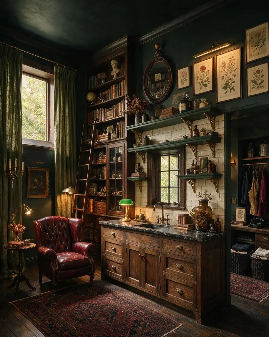 A dramatic laundry room with deep green walls, dark wood cabinetry, and a marble countertop centered beneath a mirror and botanical prints. Shelves, bookshelves, vintage decor, a burgundy leather chair, and warm brass lighting create a moody Dark Academia atmosphere.