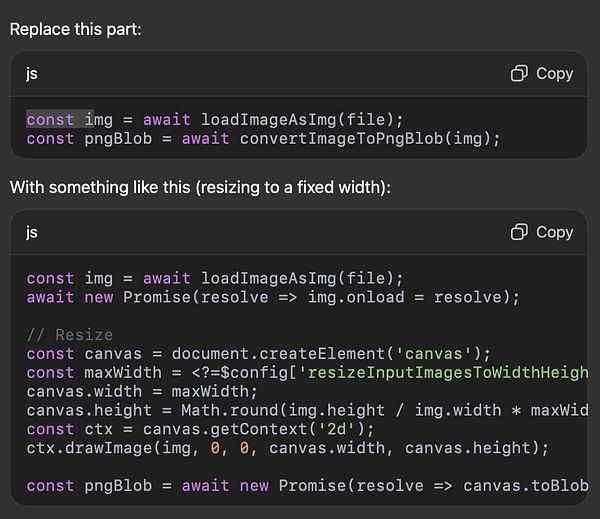 The image displays a code snippet for fixing a bug related to image resizing in a JavaScript application.
